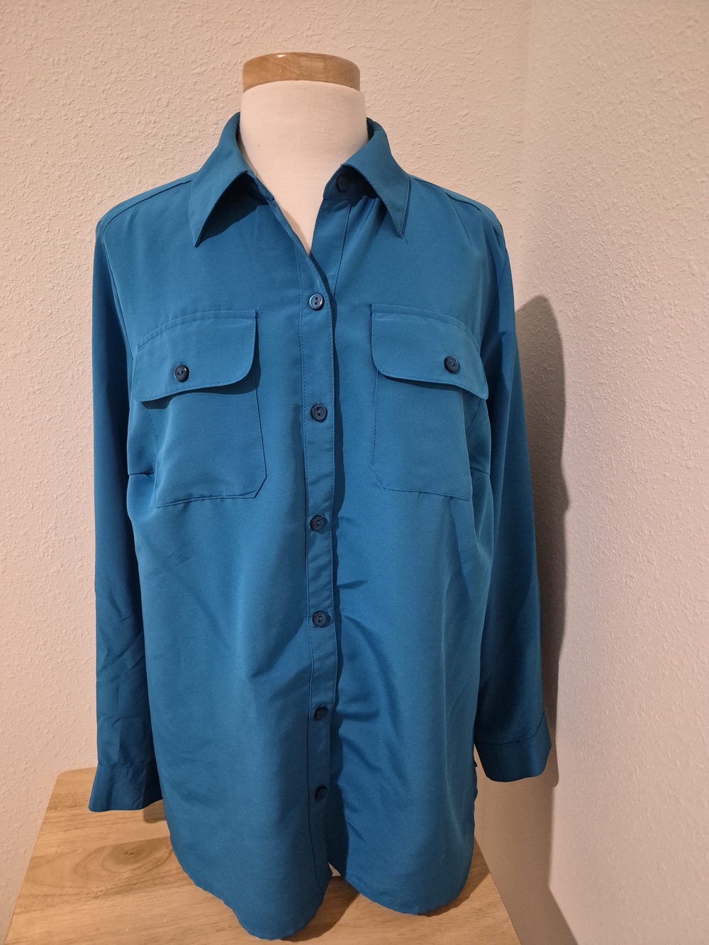 Kim Rogers Woman Teal Blue Long Sleeve Button Down Shirt Size 1X Roll Tab NWT